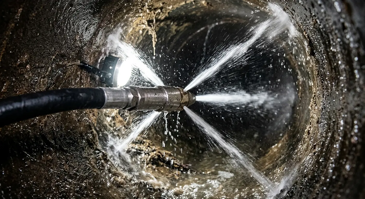 High-pressure hydro jetting nozzle cleaning sewer pipe for Trenchless Sewer Repair in East Fishkill