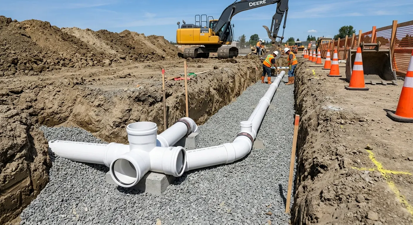 New PVC sewer pipe installation in open trench for Commercial Drain Cleaning in East Fishkill