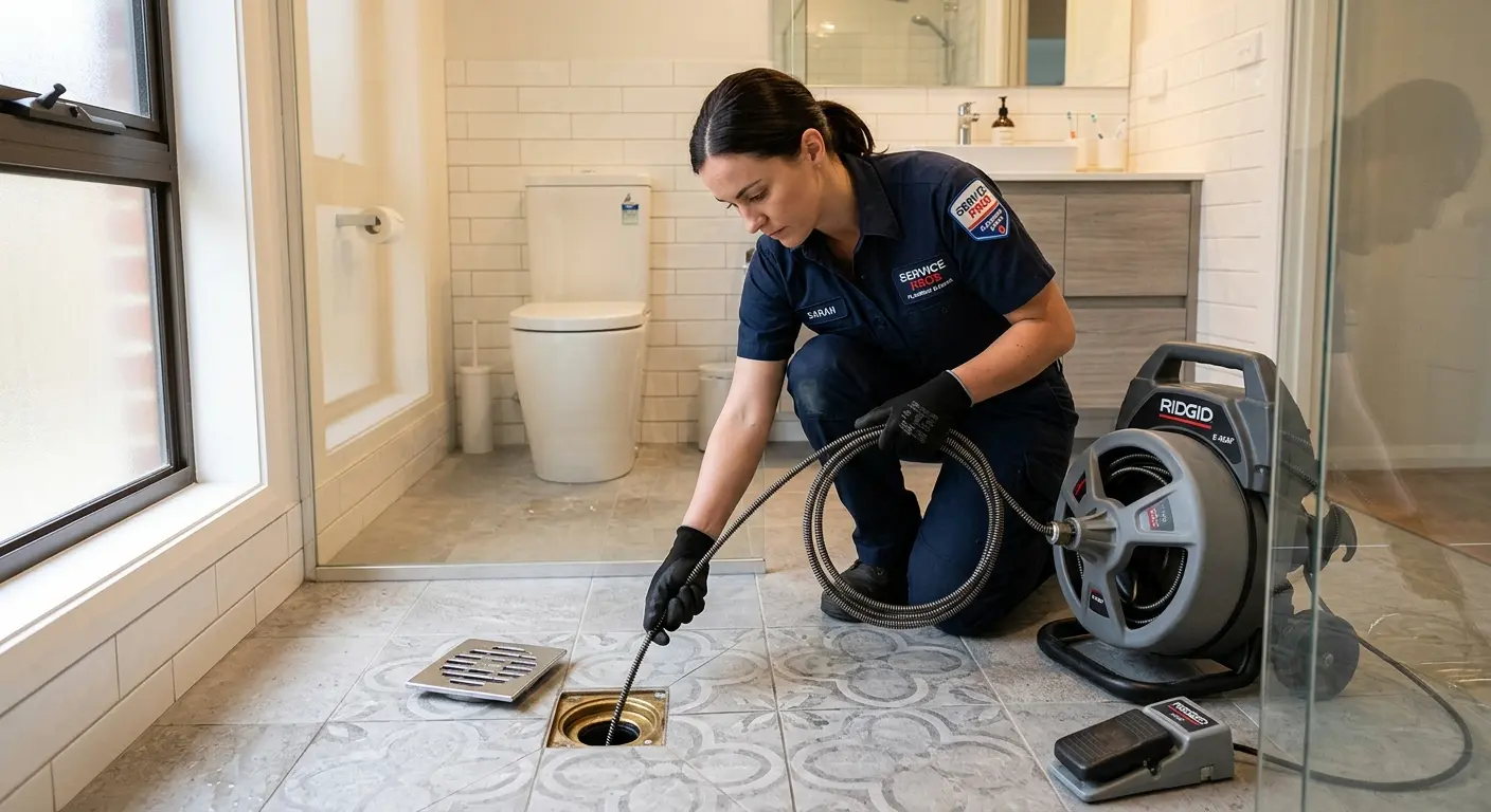 Technician clearing a bathroom floor drain for Drain Repair in East Fishkill